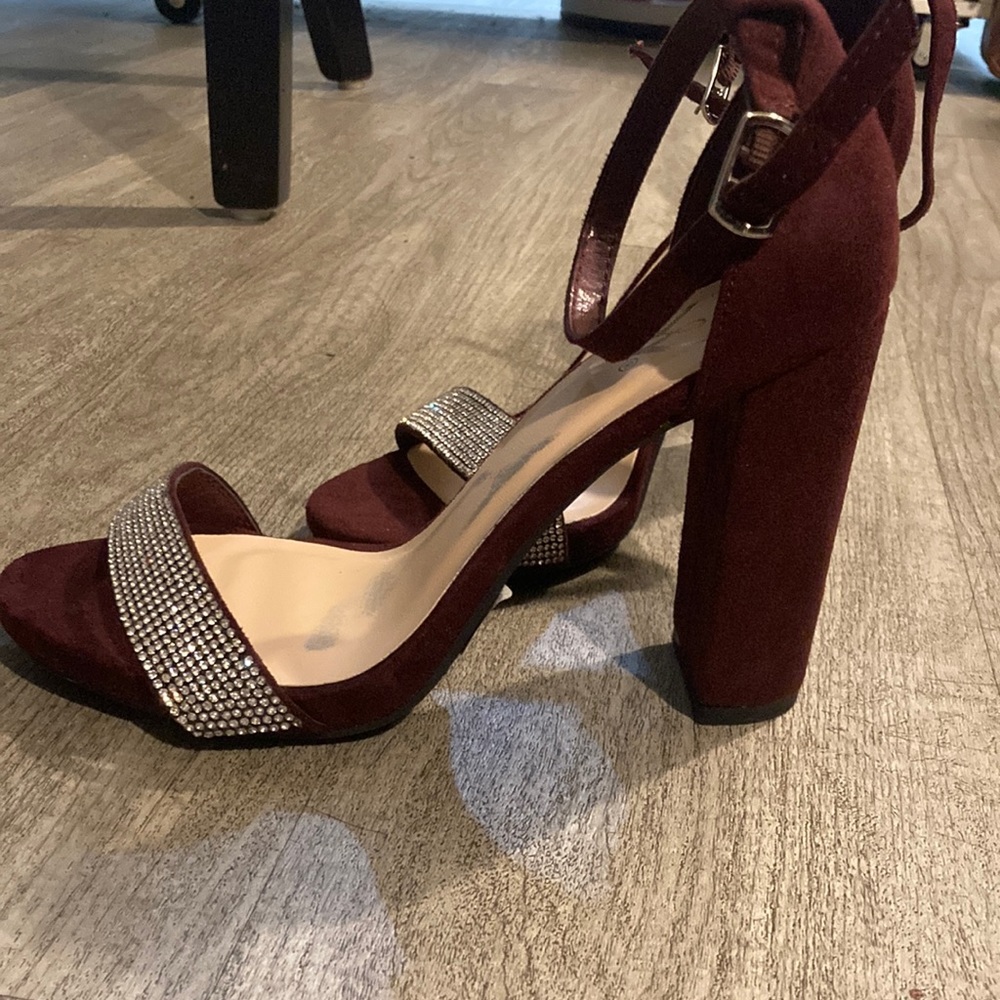 Burgundy Heels With Rhinestone Strap